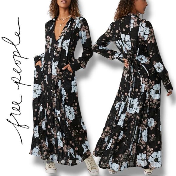 Free People Women’s Back it At Black Floral Maxi Dress in the Size Medium - Picture 1 of 8